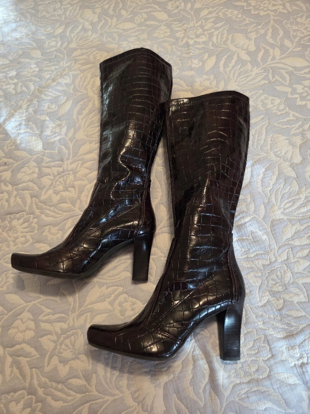Franco Sarto Knee High, Heeled, Croc Embossed Square Toe Dark Brown